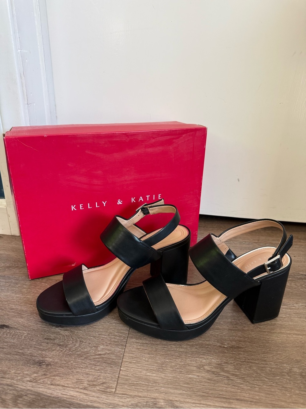 Kelly & Katie Black Platform Block Heel Sandals with Ankle Strap